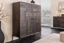 Massives Highboard TRIBAL 120cm antik braun Mangoholz 3D-Front viel Stauraum