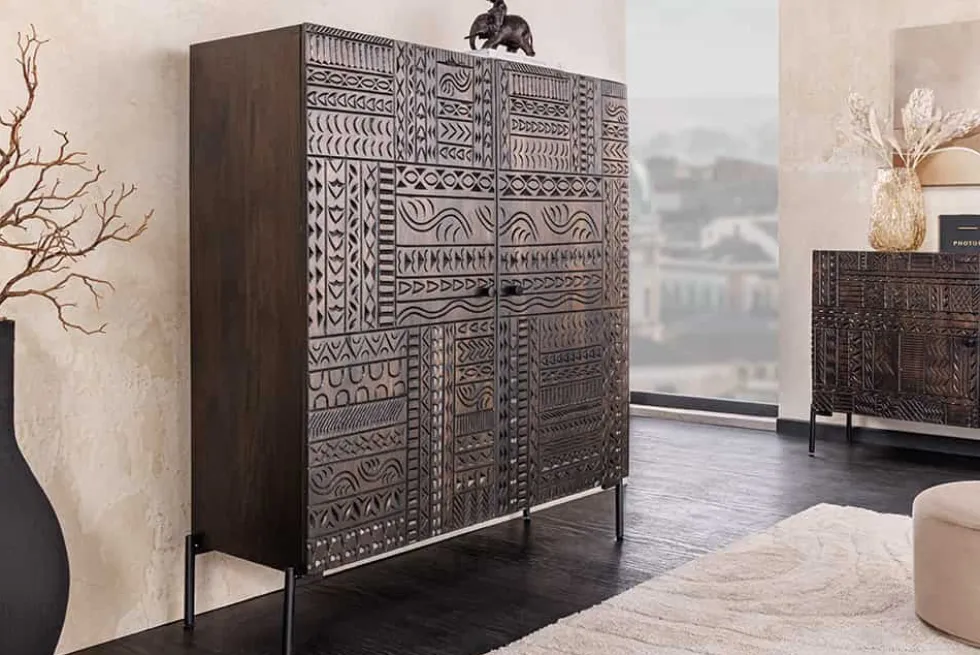 Massives Highboard TRIBAL 120cm antik braun Mangoholz 3D-Front viel Stauraum