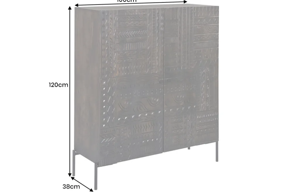 Massives Highboard TRIBAL 120cm antik braun Mangoholz 3D-Front viel Stauraum