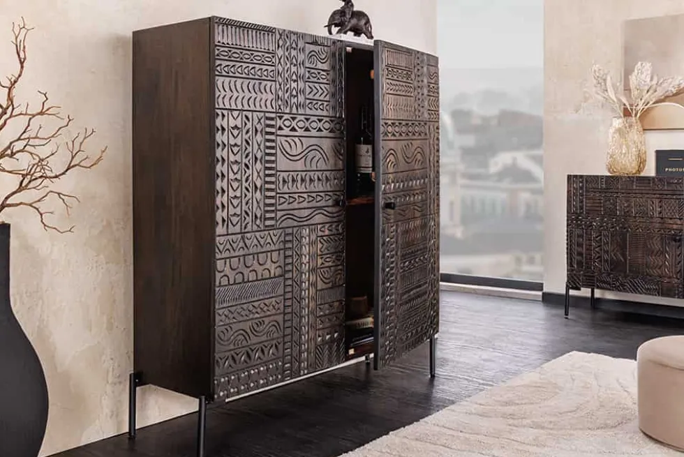 Massives Highboard TRIBAL 120cm antik braun Mangoholz 3D-Front viel Stauraum