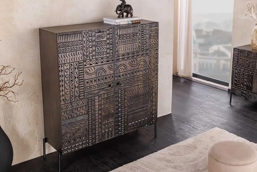 Massives Highboard TRIBAL 120cm antik braun Mangoholz 3D-Front viel Stauraum