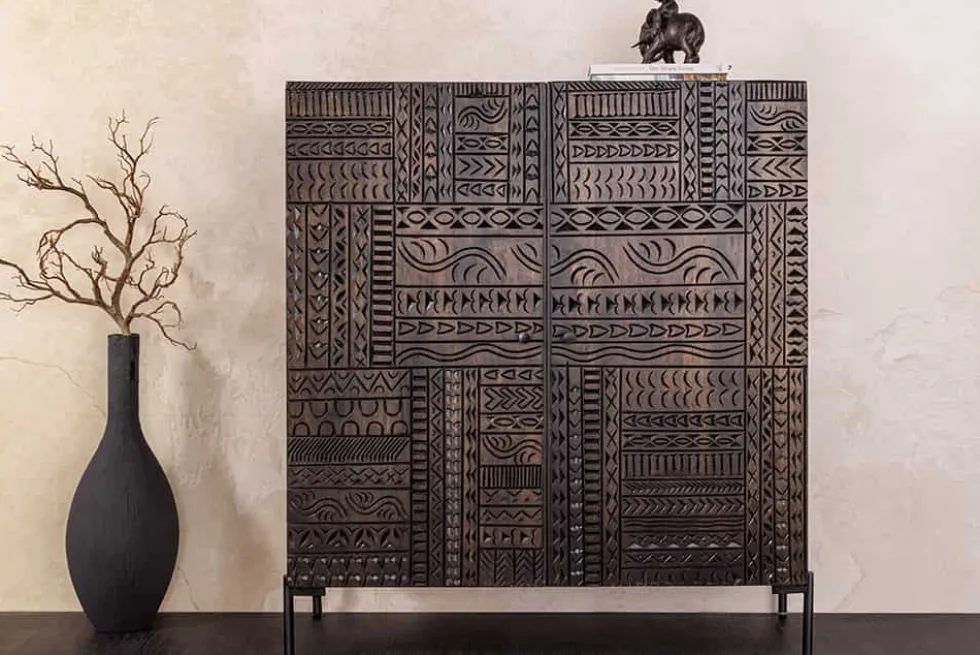 Massives Highboard TRIBAL 120cm antik braun Mangoholz 3D-Front viel Stauraum