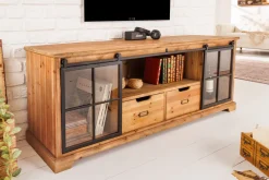 Massives Lowboard HERITAGE 160cm natur Pinie Industrial-Türen Metall Vitrine