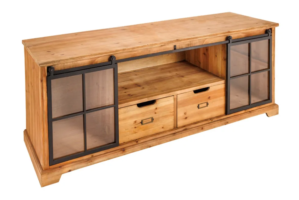 Massives Lowboard HERITAGE 160cm natur Pinie Industrial-Türen Metall Vitrine