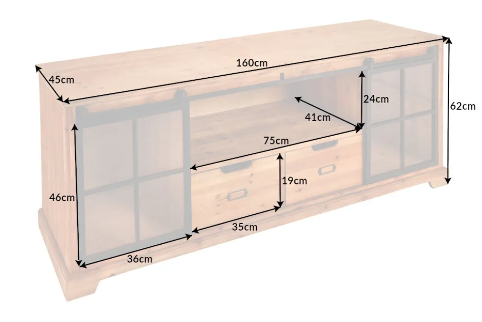 Massives Lowboard HERITAGE 160cm natur Pinie Industrial-Türen Metall Vitrine