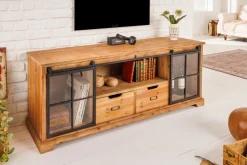 Massives Lowboard HERITAGE 160cm natur Pinie Industrial-Türen Metall Vitrine