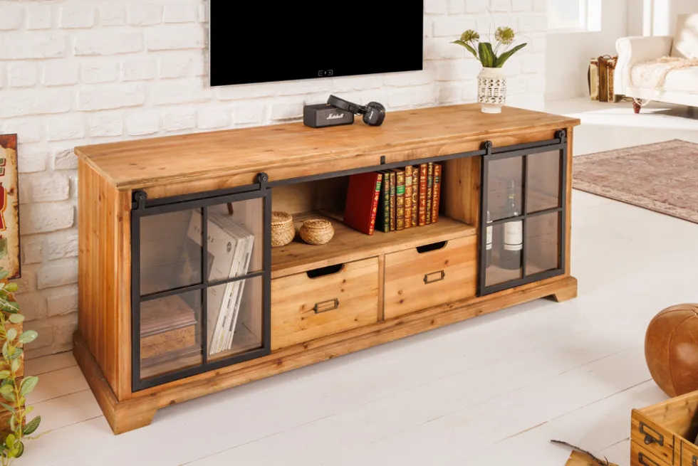 Massives Lowboard HERITAGE 160cm natur Pinie Industrial-Türen Metall Vitrine
