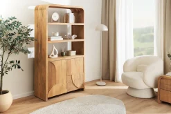 Massives Regal ART DECO 175cm cream finish beige Mangoholz abgerundet mit 3D-Front