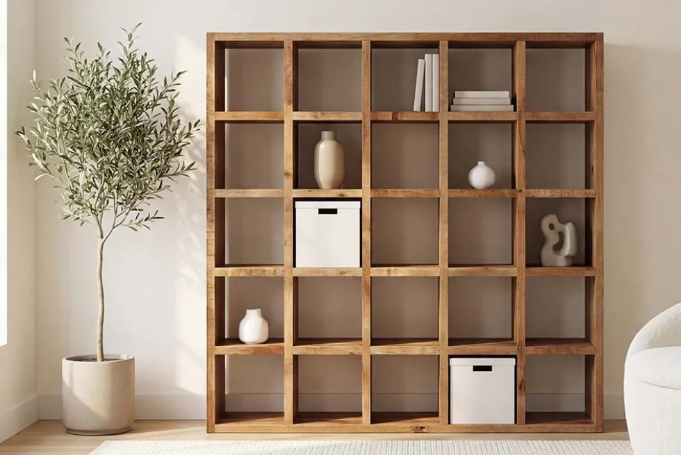 Massives Regal IRON CRAFT 200cm natur Mangoholz Bücherregal 25 Fächer