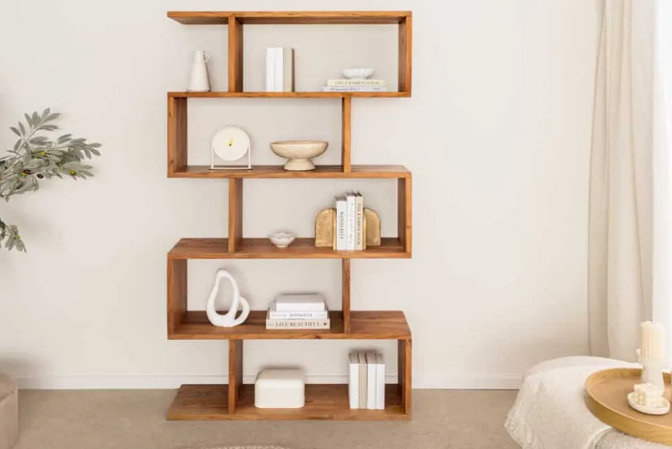 Massives Regal Snake 180cm natur Akazienholz Bücherregal mit fünf Böden