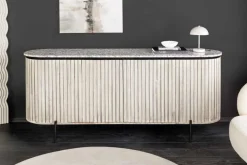 Massives Sideboard ADLON 170cm grau gebürstet Mangoholz mit weißer Marmorplatte