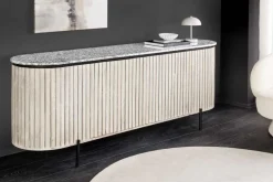 Massives Sideboard ADLON 170cm grau gebürstet Mangoholz mit weißer Marmorplatte