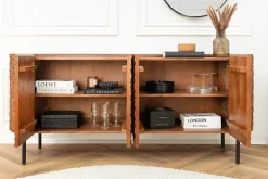 Massives Sideboard ADLON 180cm braun Mangoholz schwarz Metall 3D-Front in Wabenstruktur