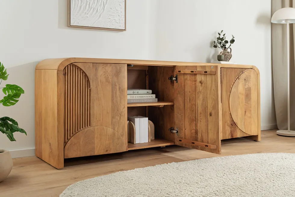 Massives Sideboard ART DECO 170cm cream finish beige Mangoholz abgerundet