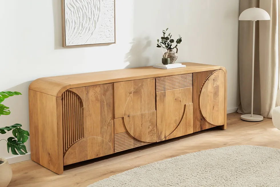 Massives Sideboard ART DECO 170cm cream finish beige Mangoholz abgerundet