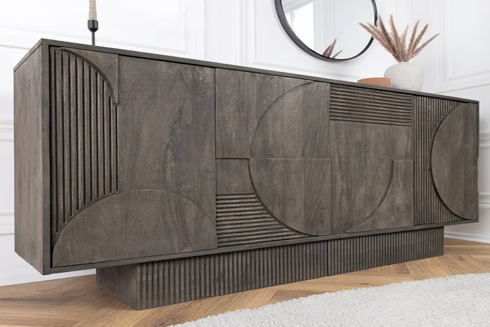 Massives Sideboard ART DECO 170cm grau Mangoholz 3D-Front