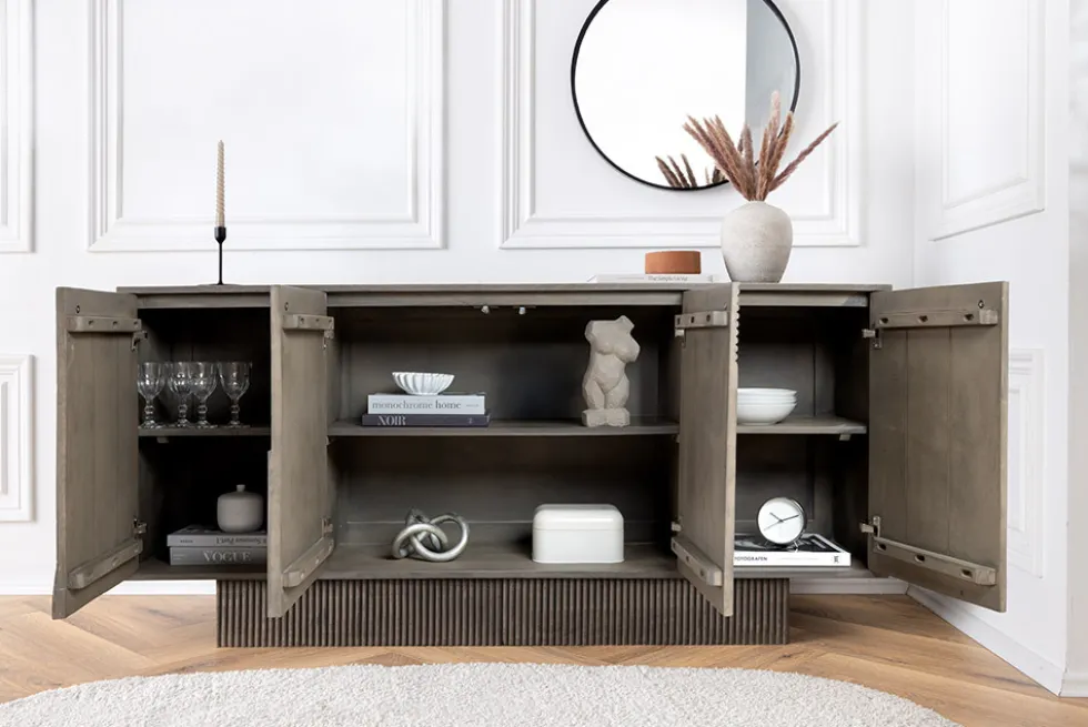 Massives Sideboard ART DECO 170cm grau Mangoholz 3D-Front