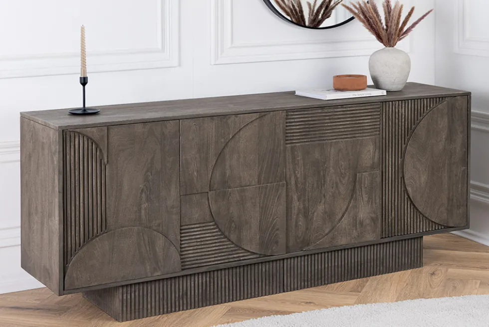 Massives Sideboard ART DECO 170cm grau Mangoholz 3D-Front