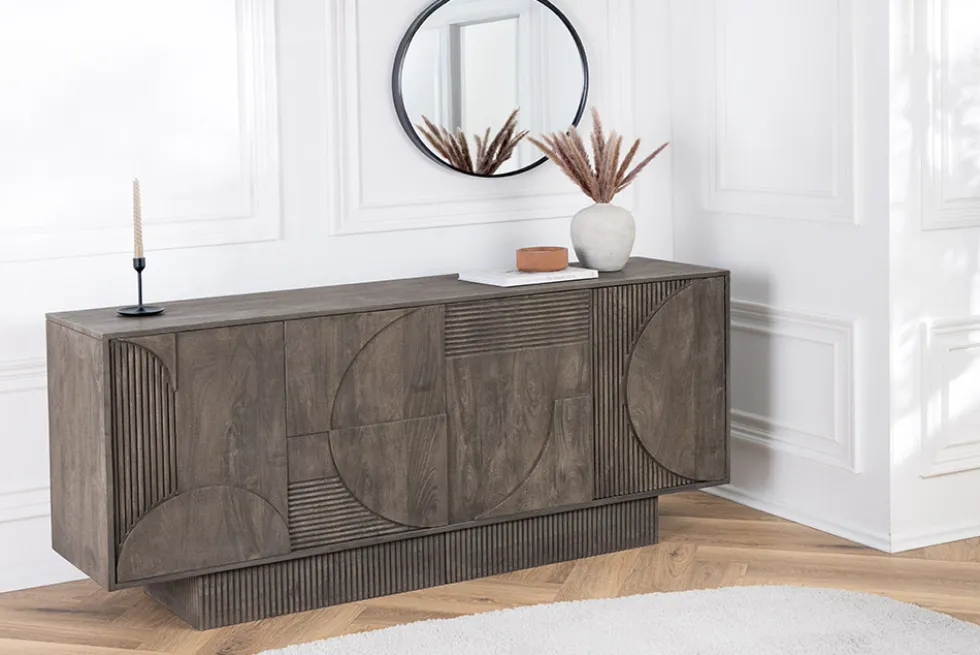 Massives Sideboard ART DECO 170cm grau Mangoholz 3D-Front