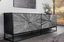 Massives Sideboard BARRACUDA 180cm grau Mangoholz mit Teakholz-Front schwarz Metall
