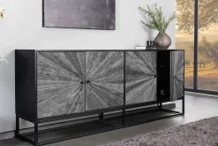 Massives Sideboard BARRACUDA 180cm grau Mangoholz mit Teakholz-Front schwarz Metall