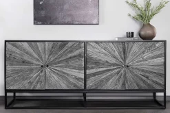 Massives Sideboard BARRACUDA 180cm grau Mangoholz mit Teakholz-Front schwarz Metall
