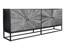 Massives Sideboard BARRACUDA 180cm grau Mangoholz mit Teakholz-Front schwarz Metall