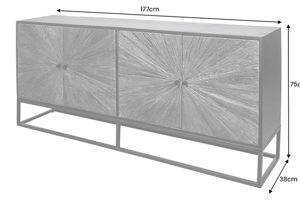 Massives Sideboard BARRACUDA 180cm grau Mangoholz mit Teakholz-Front schwarz Metall