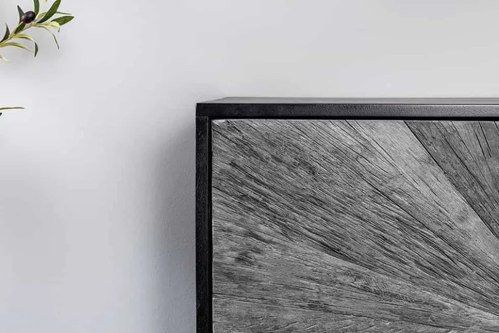Massives Sideboard BARRACUDA 180cm grau Mangoholz mit Teakholz-Front schwarz Metall