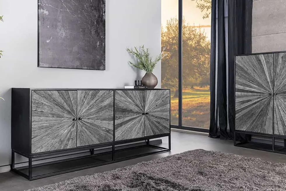 Massives Sideboard BARRACUDA 180cm grau Mangoholz mit Teakholz-Front schwarz Metall