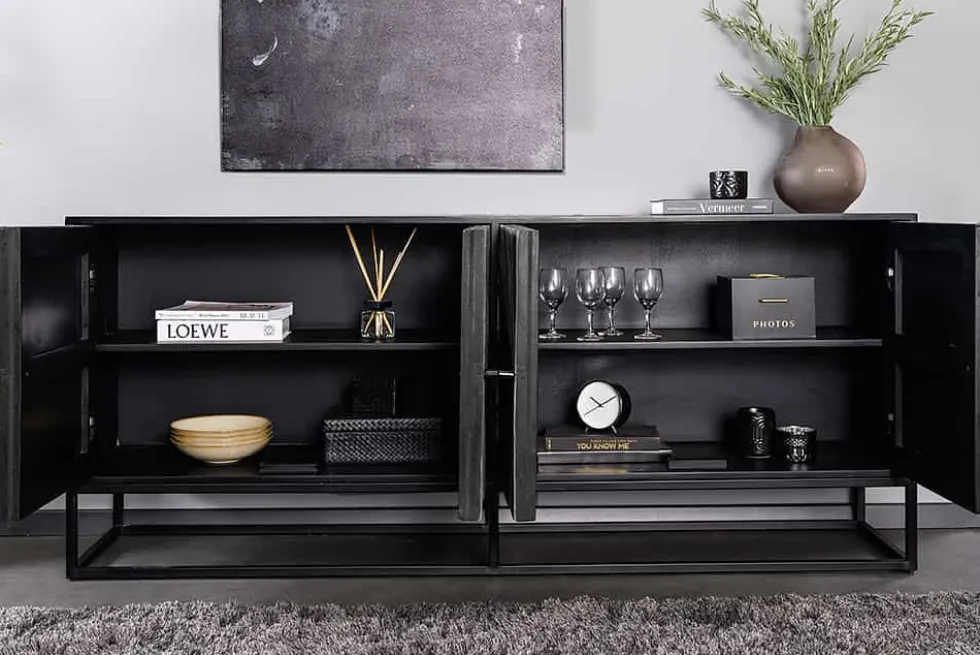 Massives Sideboard BARRACUDA 180cm grau Mangoholz mit Teakholz-Front schwarz Metall