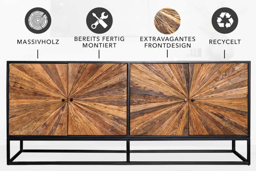 Massives Sideboard BARRACUDA 180cm braun Mangoholz mit Teakholz-Front schwarz Metall