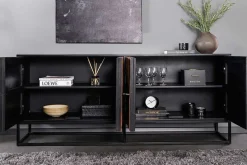 Massives Sideboard BARRACUDA 180cm braun Mangoholz mit Teakholz-Front schwarz Metall