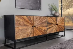 Massives Sideboard BARRACUDA 180cm braun Mangoholz mit Teakholz-Front schwarz Metall