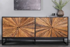 Massives Sideboard BARRACUDA 180cm braun Mangoholz mit Teakholz-Front schwarz Metall