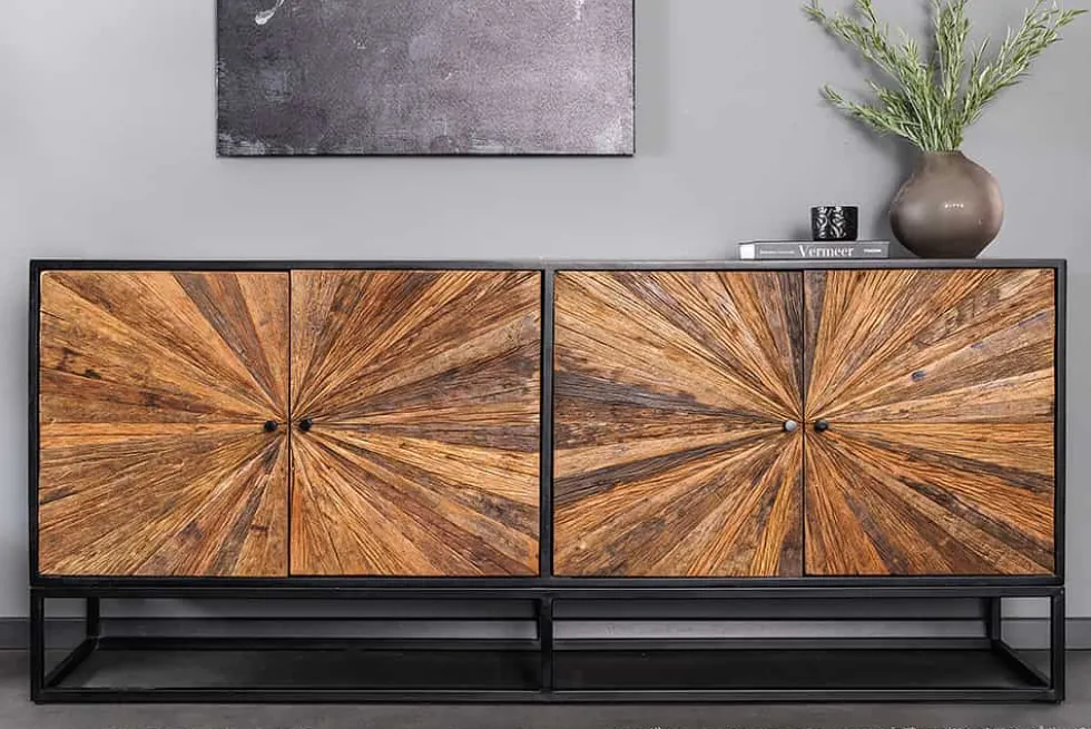 Massives Sideboard BARRACUDA 180cm braun Mangoholz mit Teakholz-Front schwarz Metall