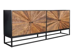Massives Sideboard BARRACUDA 180cm braun Mangoholz mit Teakholz-Front schwarz Metall