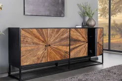 Massives Sideboard BARRACUDA 180cm braun Mangoholz mit Teakholz-Front schwarz Metall