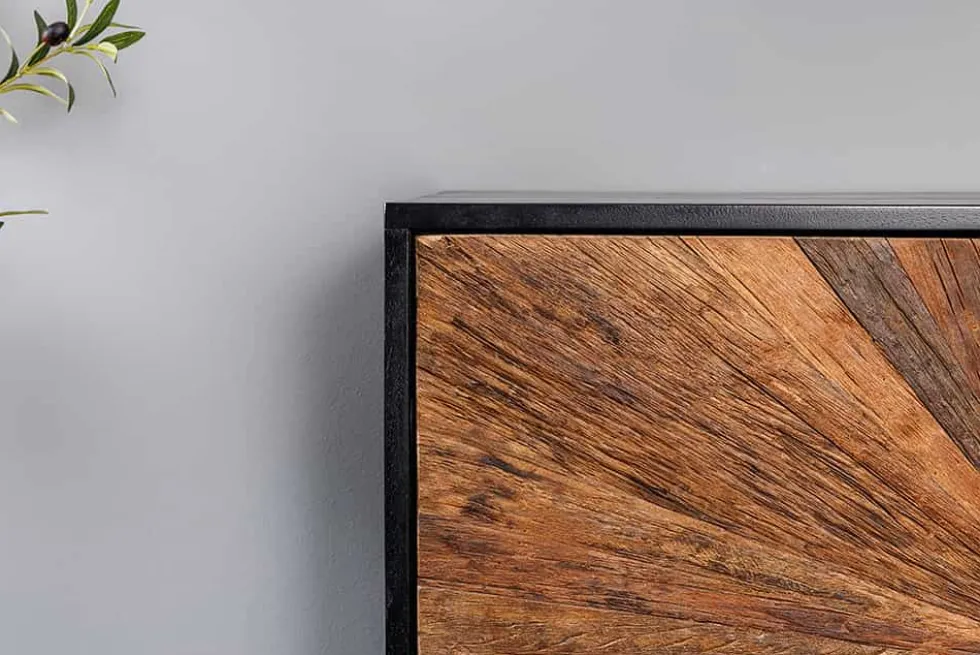 Massives Sideboard BARRACUDA 180cm braun Mangoholz mit Teakholz-Front schwarz Metall
