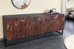Massives Sideboard DUNE 175cm walnuss-braun Akazienholz 3D-Design schwarz Metall