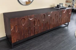 Massives Sideboard DUNE 175cm walnuss-braun Akazienholz 3D-Design schwarz Metall