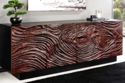 Massives Sideboard FLUID 175cm walnuss-braun Akazienholz 3D-Design schwarzer Sockelfuß