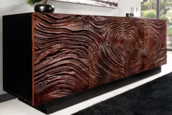 Massives Sideboard FLUID 175cm walnuss-braun Akazienholz 3D-Design schwarzer Sockelfuß