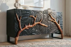 Massives Sideboard FOREST 160cm schwarz braun Mangoholz sechs Fächer 3D-Front