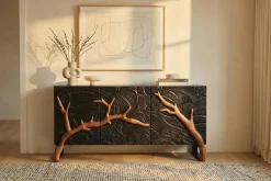 Massives Sideboard FOREST 160cm schwarz braun Mangoholz sechs Fächer 3D-Front