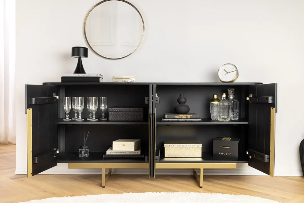 Massives Sideboard GATSBY 160cm schwarz gold Mangoholz Retro handmade