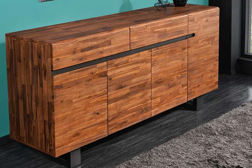 Massives Sideboard GENESIS 170cm braun geflammt Akazienholz Metall Industrial Design