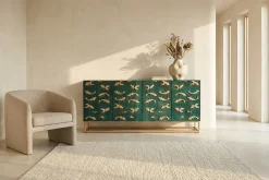 Massives Sideboard GOLDEN LAGOON 180cm türkis gold Mangoholz Metall 3D-Front