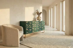 Massives Sideboard GOLDEN LAGOON 180cm türkis gold Mangoholz Metall 3D-Front