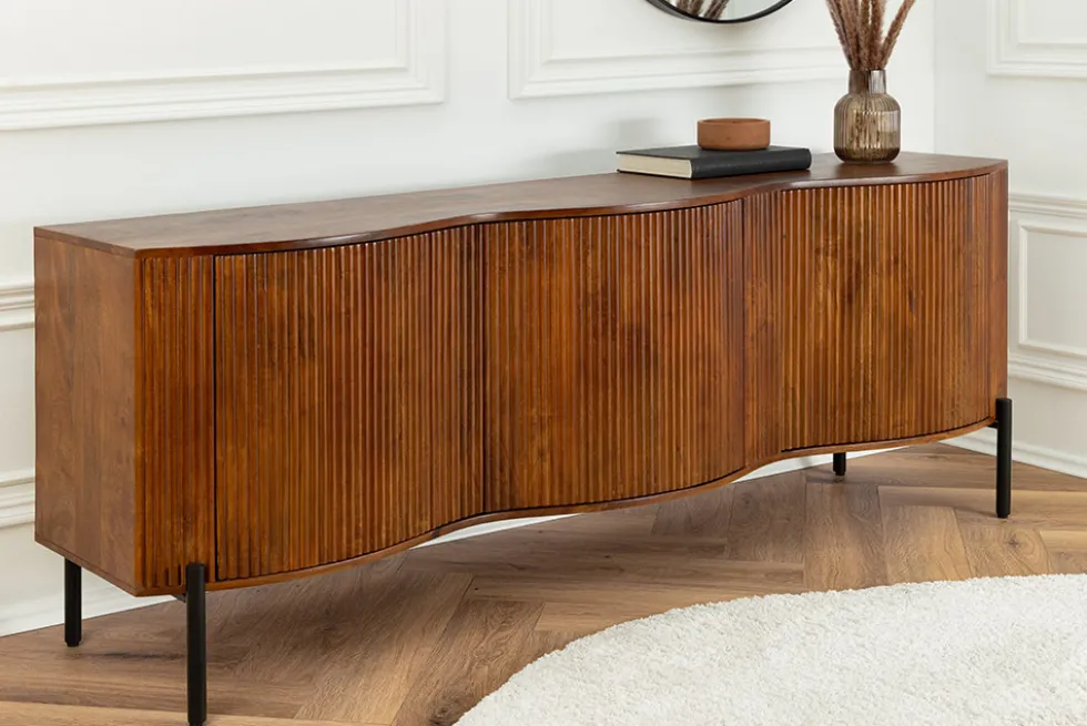 Massives Sideboard GRANDEUR 180cm braun Mangoholz schwarz Metall